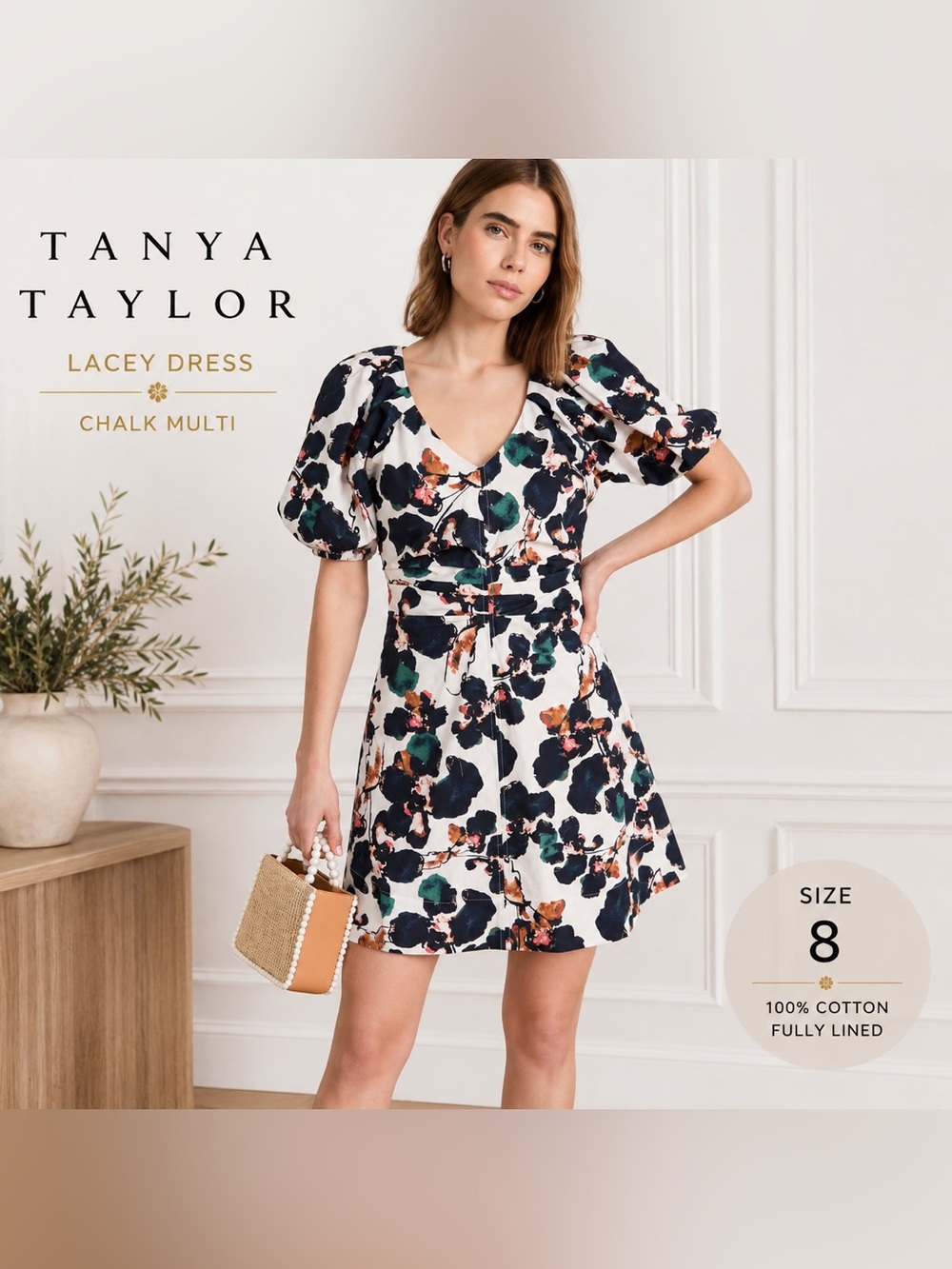 Tanya Taylor Lacey Dress Chalk Multi Ruched Puff Sleeve Cotton Size 8